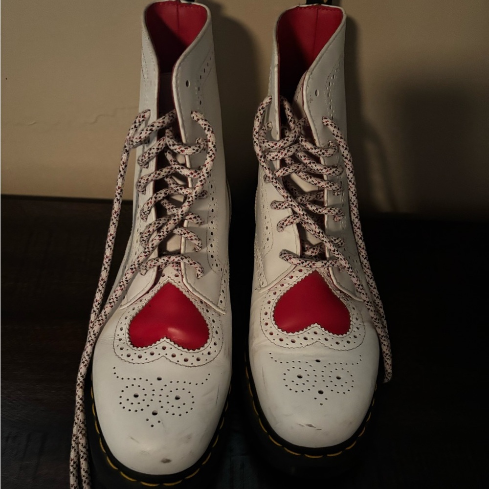Dr. Martens White and Red Heart Lace Up Boots